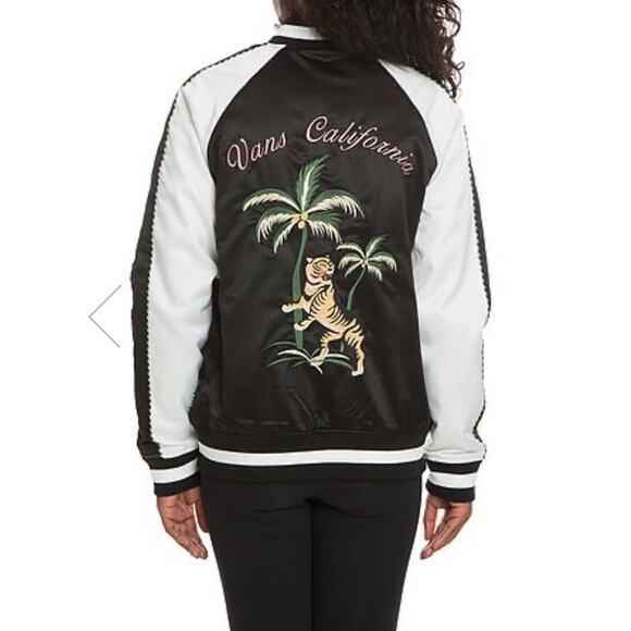 Vans Black White Souvenir Tiger Floral Embroidered Bomber Jacket Quilted Sz Xs - Picture 2 of 12